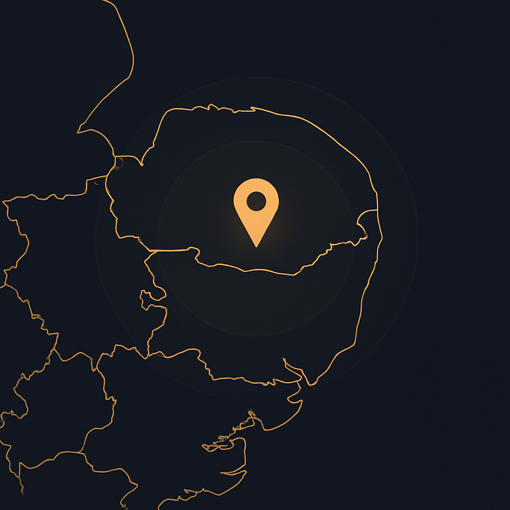 Stylised map showing the Sanero Ltd service area centred on Norfolk across East Anglia